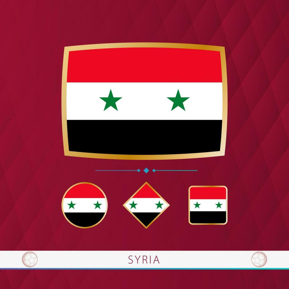 Set of Syria flags with gold frame for use at sporting events on a burgundy abstract background. vector