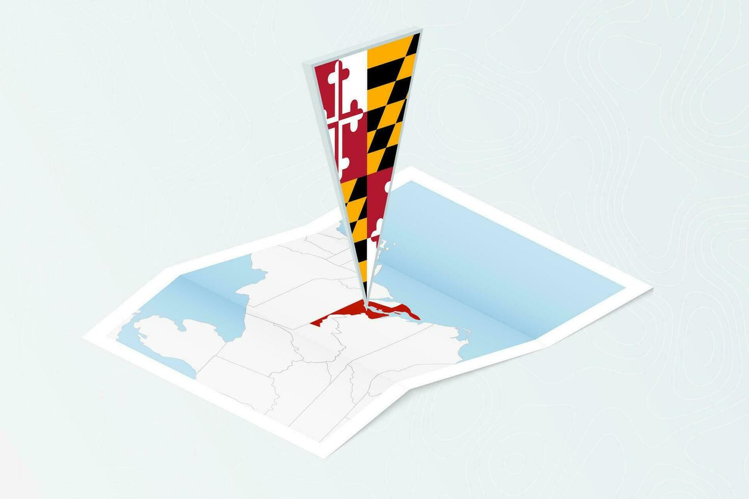 Isometric paper map of Maryland with triangular flag of Maryland in isometric style. Map on topographic background. vector