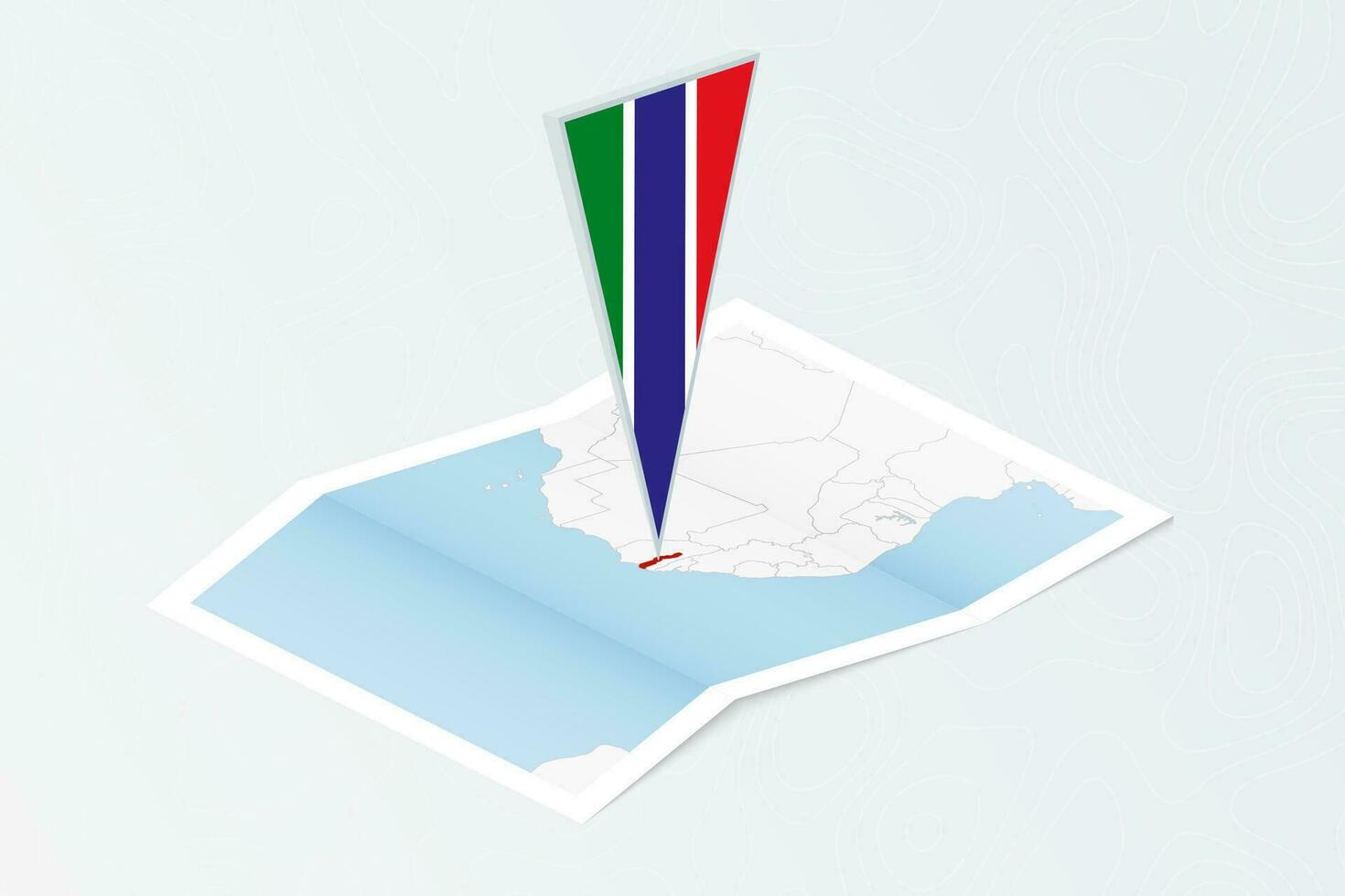 Isometric paper map of Gambia with triangular flag of Gambia in isometric style. Map on topographic background. vector