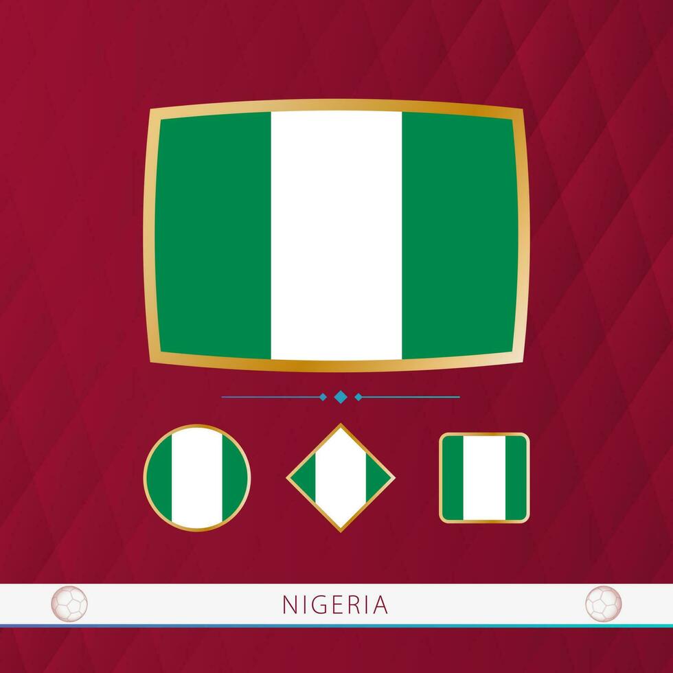 Set of Nigeria flags with gold frame for use at sporting events on a burgundy abstract background. vector