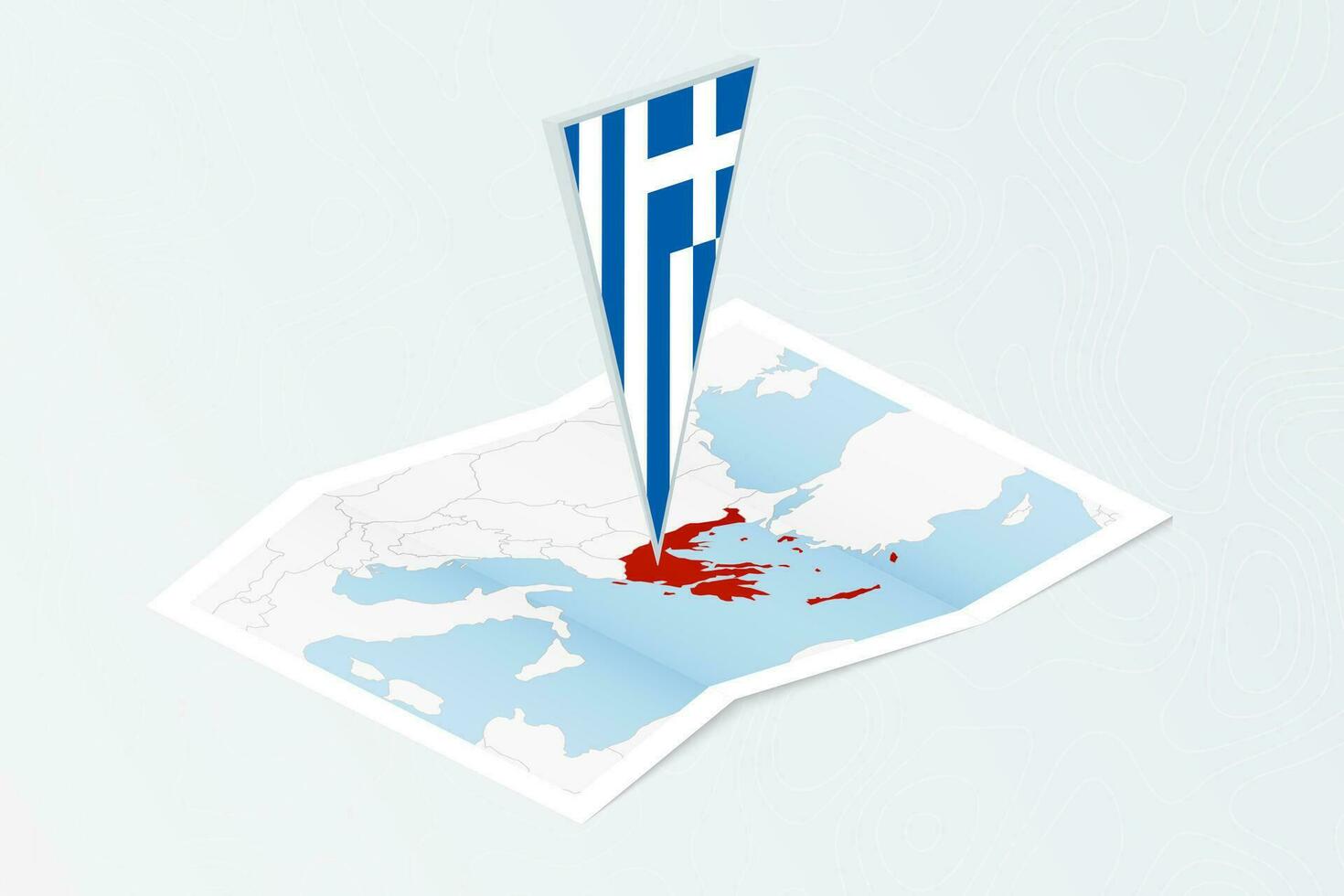 Isometric paper map of Greece with triangular flag of Greece in isometric style. Map on topographic background. vector