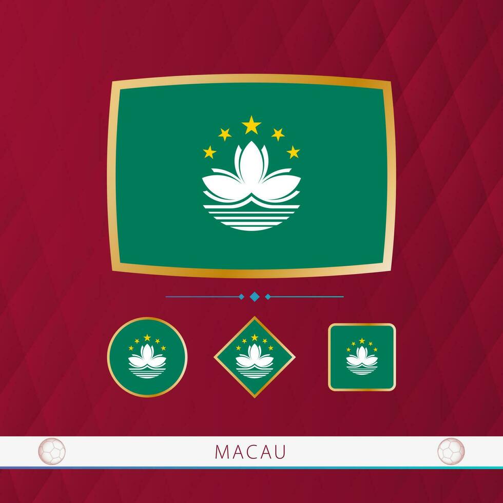 Set of Macau flags with gold frame for use at sporting events on a burgundy abstract background. vector