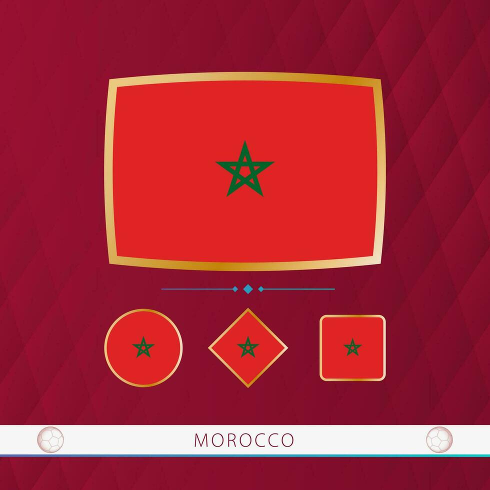 Set of Morocco flags with gold frame for use at sporting events on a burgundy abstract background. vector