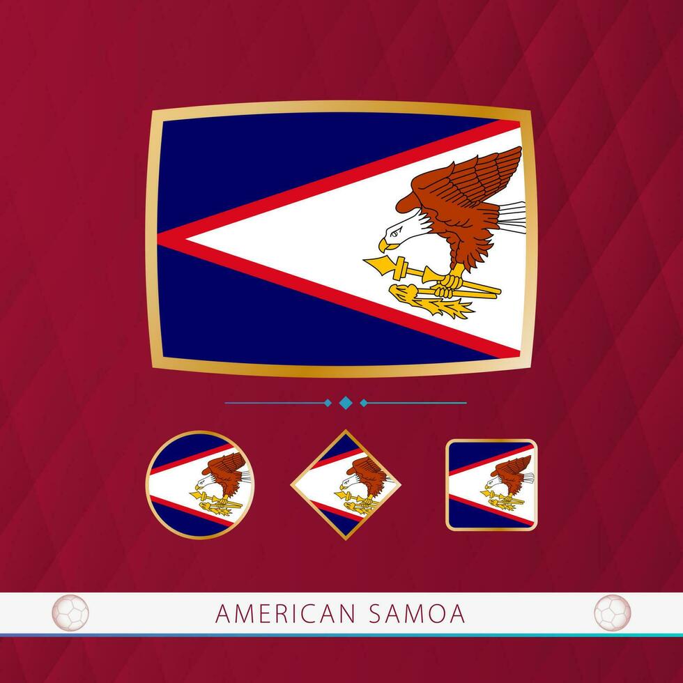 Set of American Samoa flags with gold frame for use at sporting events on a burgundy abstract background. vector