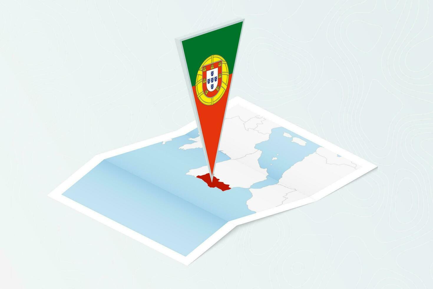 isométrica papel mapa de Portugal con triangular bandera de Portugal en isométrica estilo. mapa en topográfico antecedentes. vector