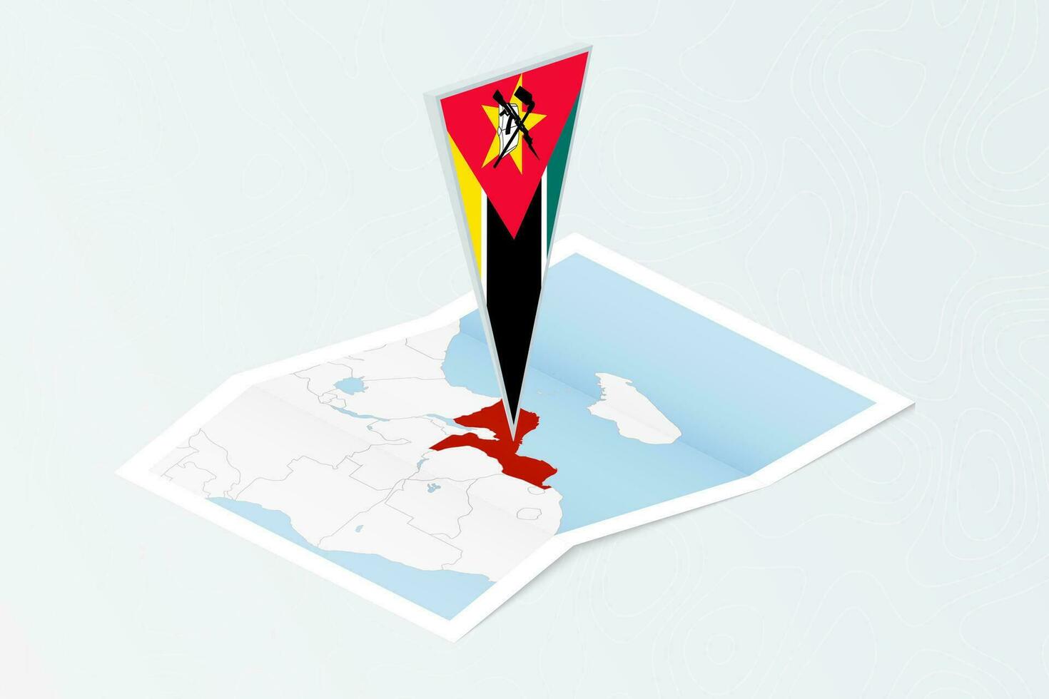 Isometric paper map of Mozambique with triangular flag of Mozambique in isometric style. Map on topographic background. vector