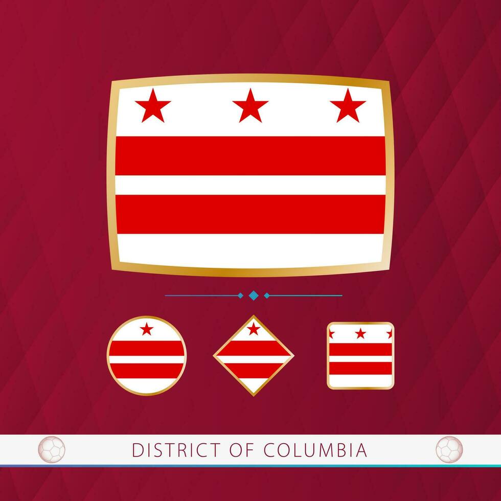 Set of District of Columbia flags with gold frame for use at sporting events on a burgundy abstract background. vector