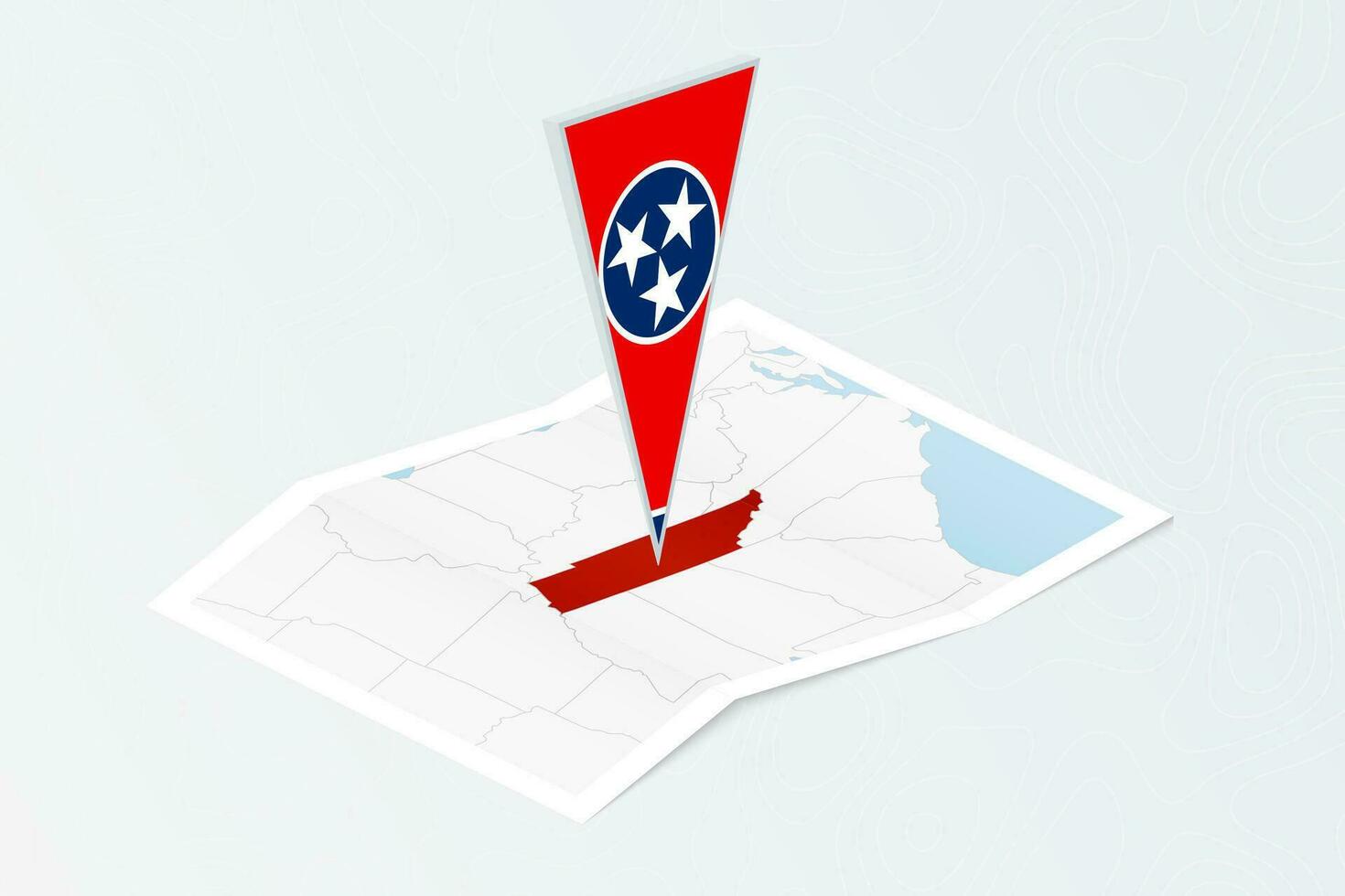Isometric paper map of Tennessee with triangular flag of Tennessee in isometric style. Map on topographic background. vector