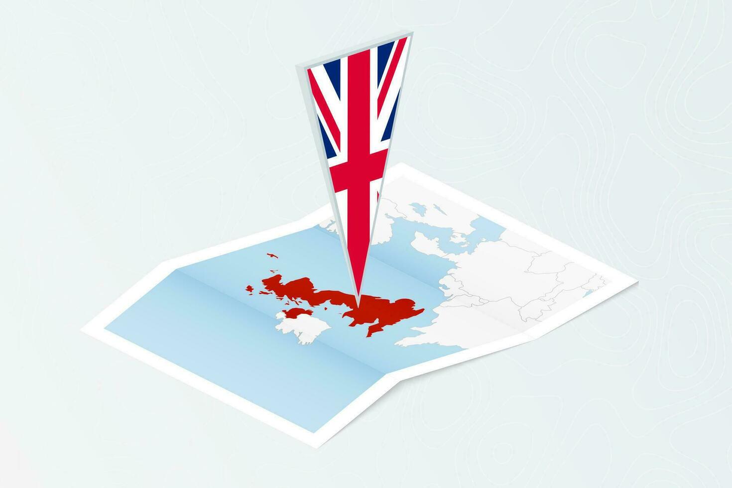 Isometric paper map of United Kingdom with triangular flag of United Kingdom in isometric style. Map on topographic background. vector