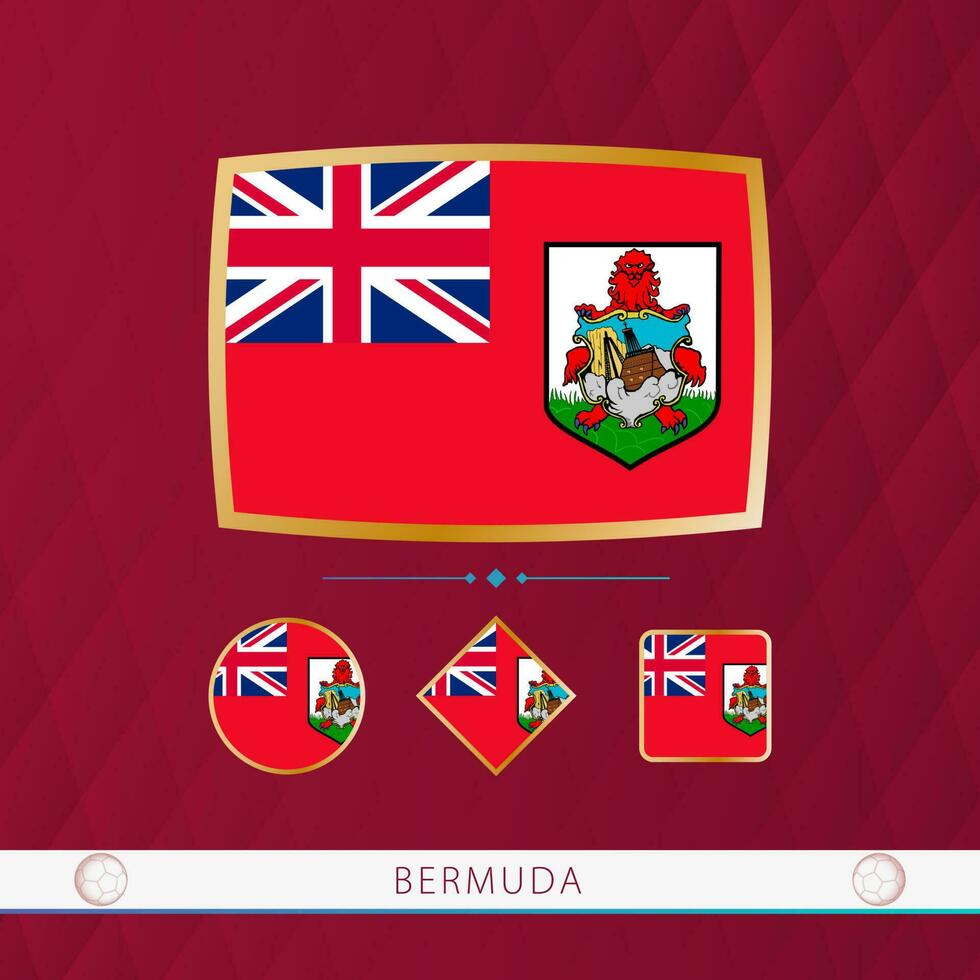 Set of Bermuda flags with gold frame for use at sporting events on a burgundy abstract background. vector