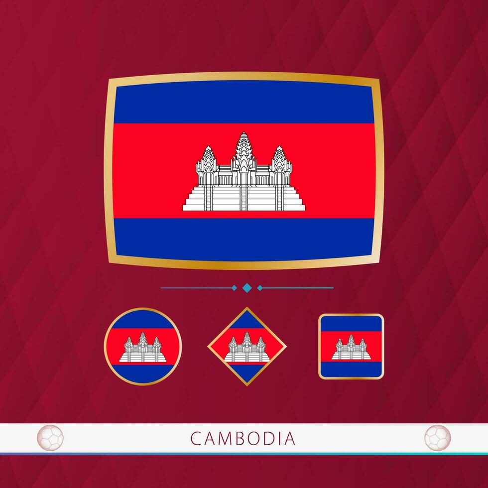 Set of Cambodia flags with gold frame for use at sporting events on a burgundy abstract background. vector