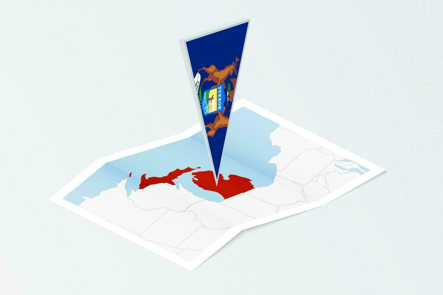 Isometric paper map of Michigan with triangular flag of Michigan in isometric style. Map on topographic background. vector