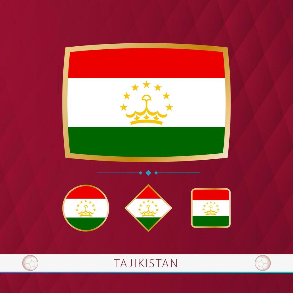 Set of Tajikistan flags with gold frame for use at sporting events on a burgundy abstract background. vector