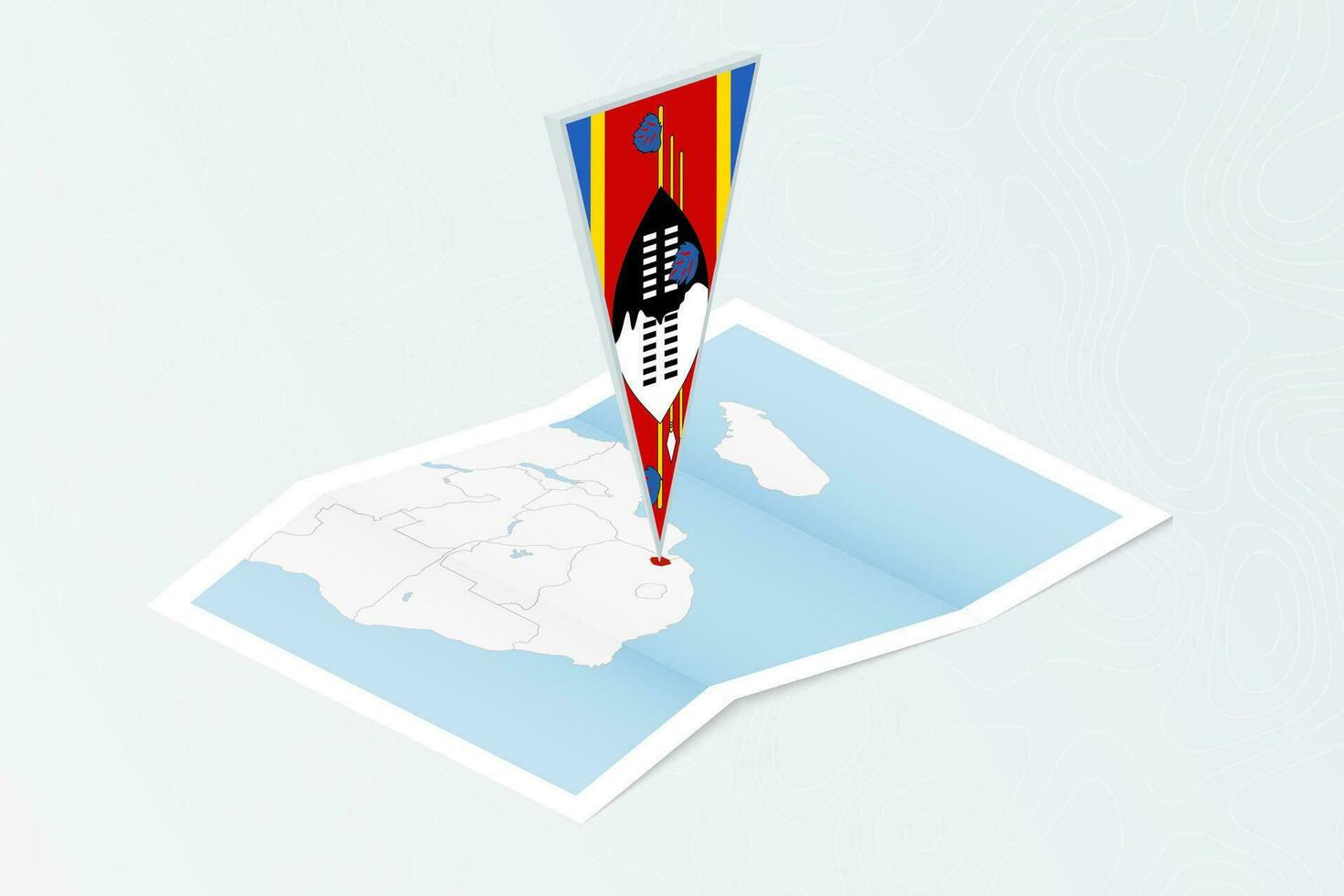Isometric paper map of Swaziland with triangular flag of Swaziland in isometric style. Map on topographic background. vector