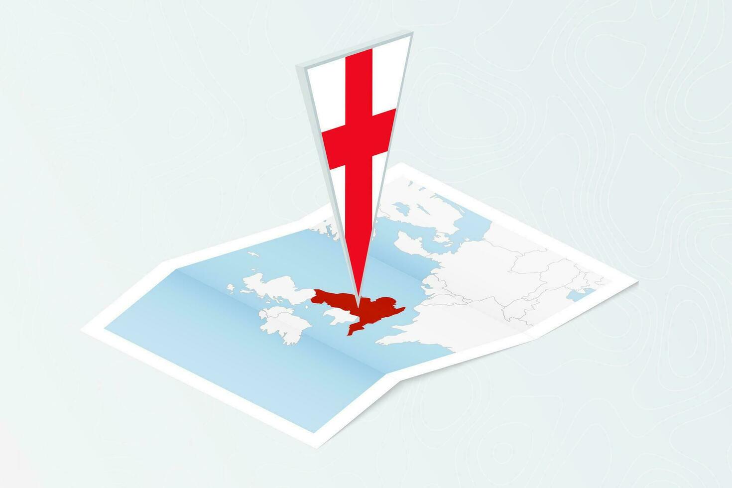 Isometric paper map of England with triangular flag of England in isometric style. Map on topographic background. vector