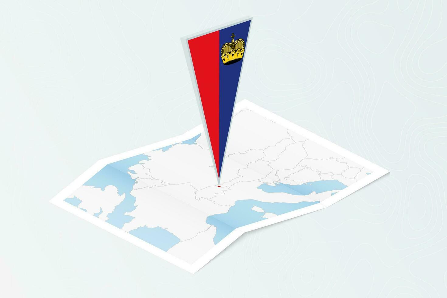 Isometric paper map of Liechtenstein with triangular flag of Liechtenstein in isometric style. Map on topographic background. vector