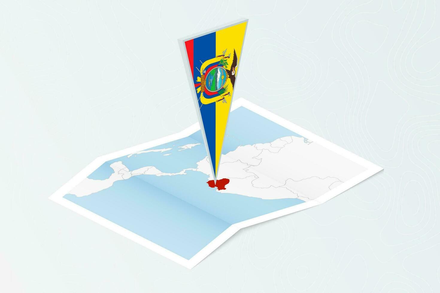 Isometric paper map of Ecuador with triangular flag of Ecuador in isometric style. Map on topographic background. vector