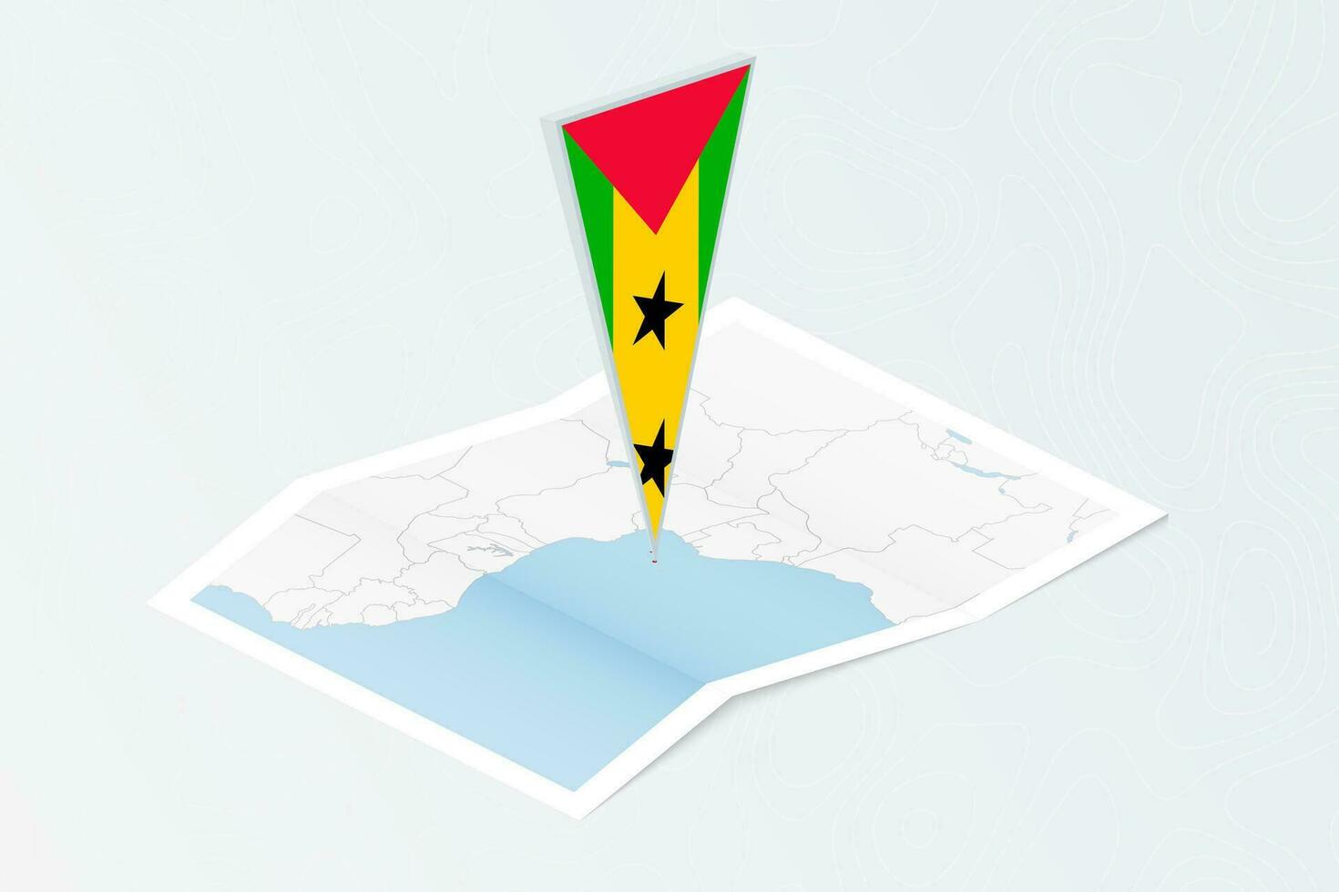 Isometric paper map of Sao Tome and Principe with triangular flag of Sao Tome and Principe in isometric style. Map on topographic background. vector