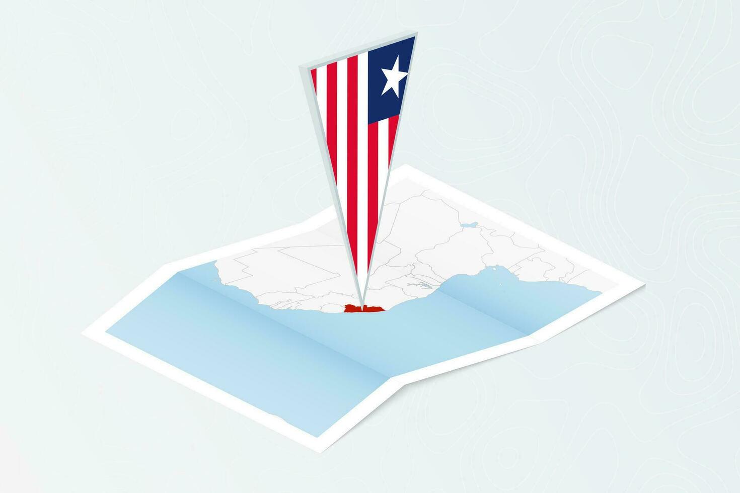 Isometric paper map of Liberia with triangular flag of Liberia in isometric style. Map on topographic background. vector