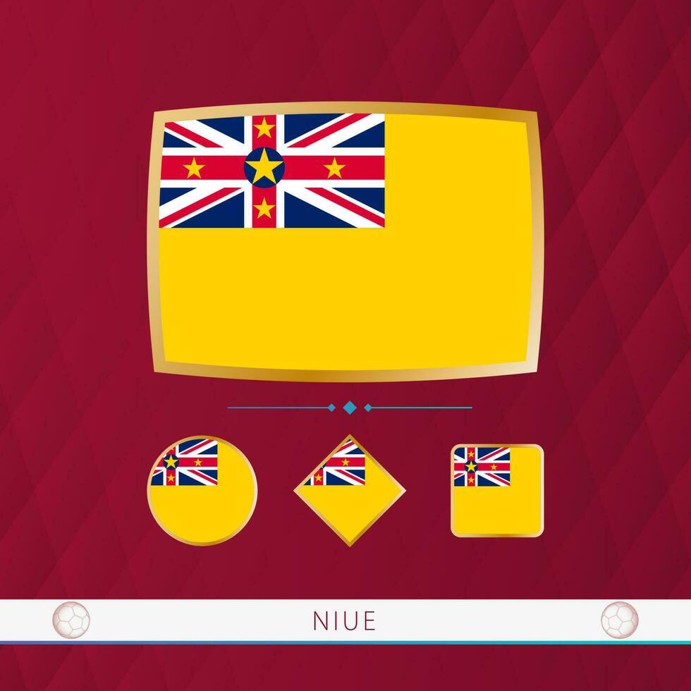 Set of Niue flags with gold frame for use at sporting events on a burgundy abstract background. vector