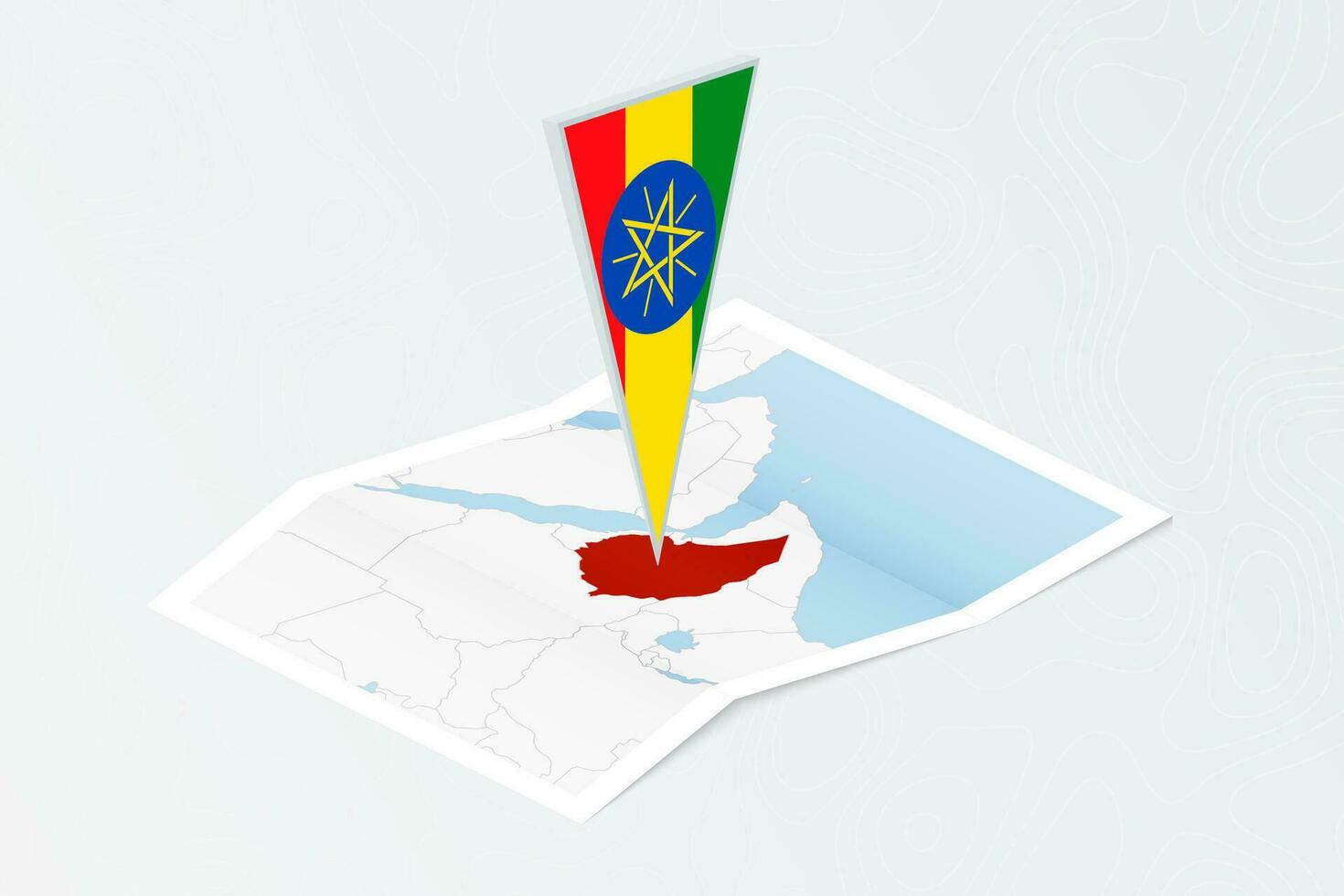 Isometric paper map of Ethiopia with triangular flag of Ethiopia in isometric style. Map on topographic background. vector