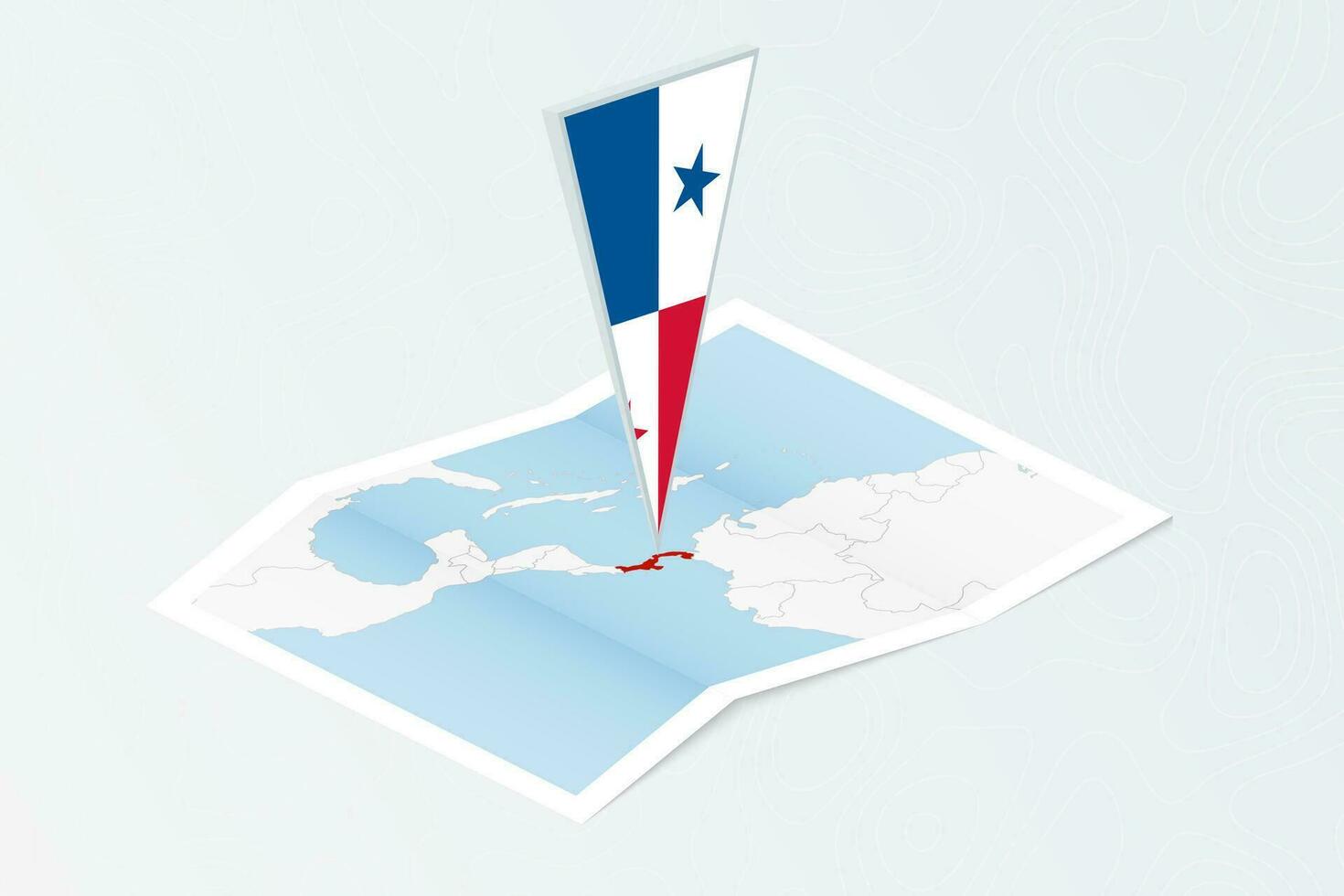Isometric paper map of Panama with triangular flag of Panama in isometric style. Map on topographic background. vector