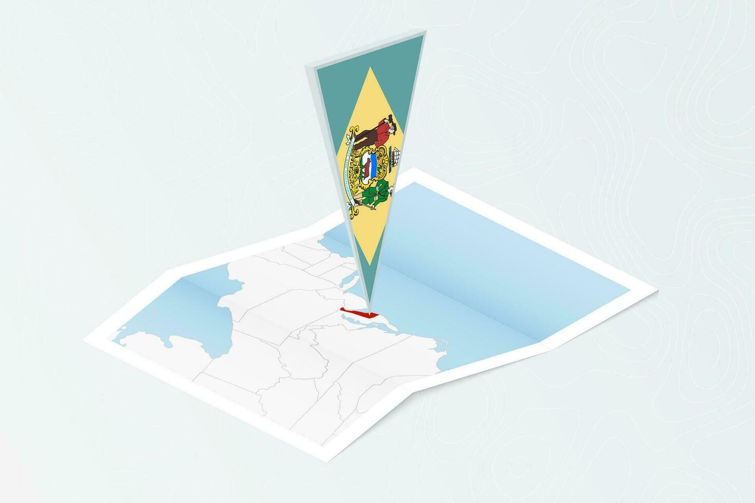 isométrica papel mapa de Delaware con triangular bandera de Delaware en isométrica estilo. mapa en topográfico antecedentes. vector