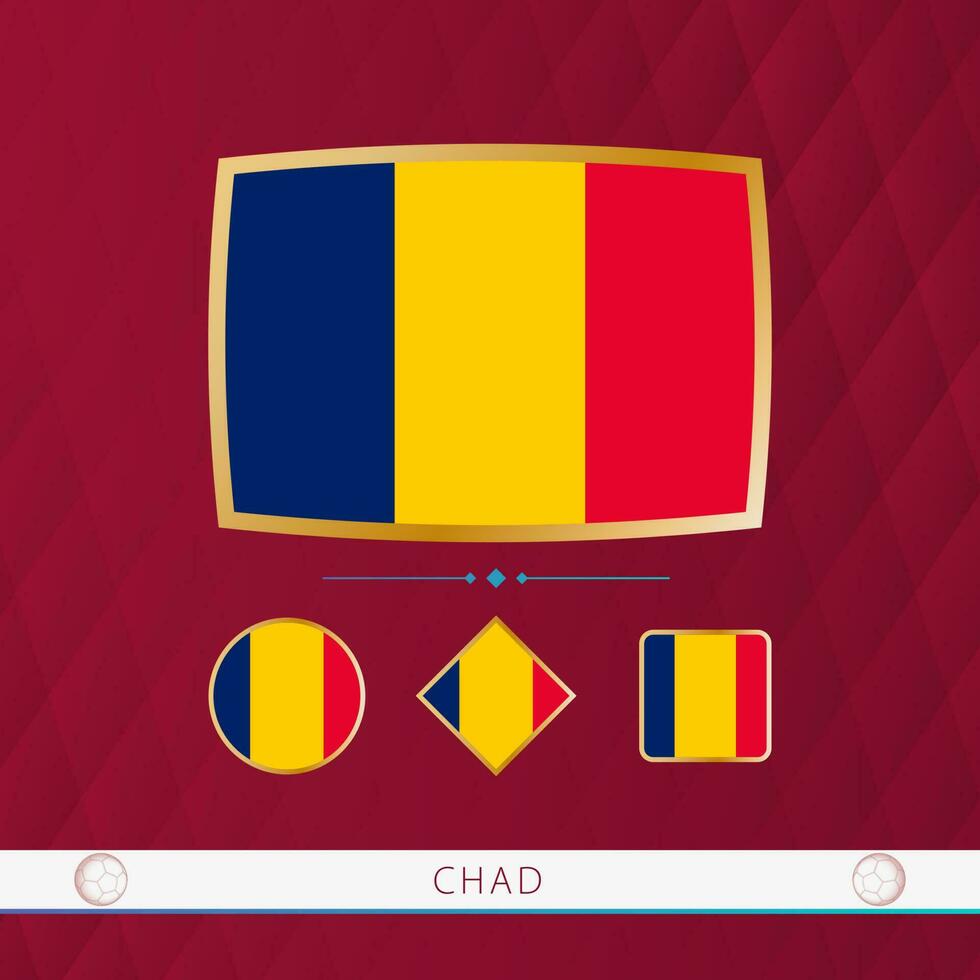 Set of Chad flags with gold frame for use at sporting events on a burgundy abstract background. vector