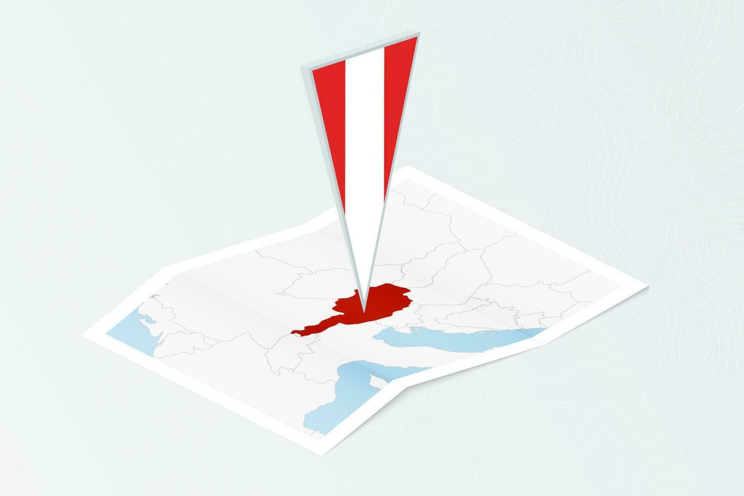 Isometric paper map of Austria with triangular flag of Austria in isometric style. Map on topographic background. vector