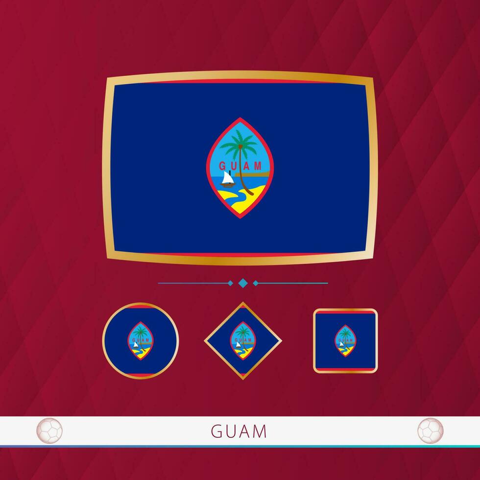 Set of Guam flags with gold frame for use at sporting events on a burgundy abstract background. vector