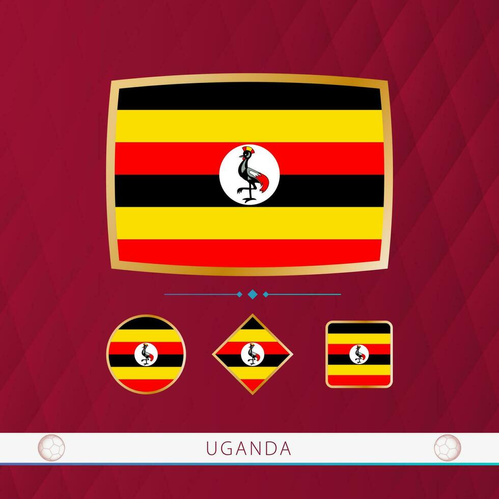 conjunto de Uganda banderas con oro marco para utilizar a deportivo eventos en un borgoña resumen antecedentes. vector