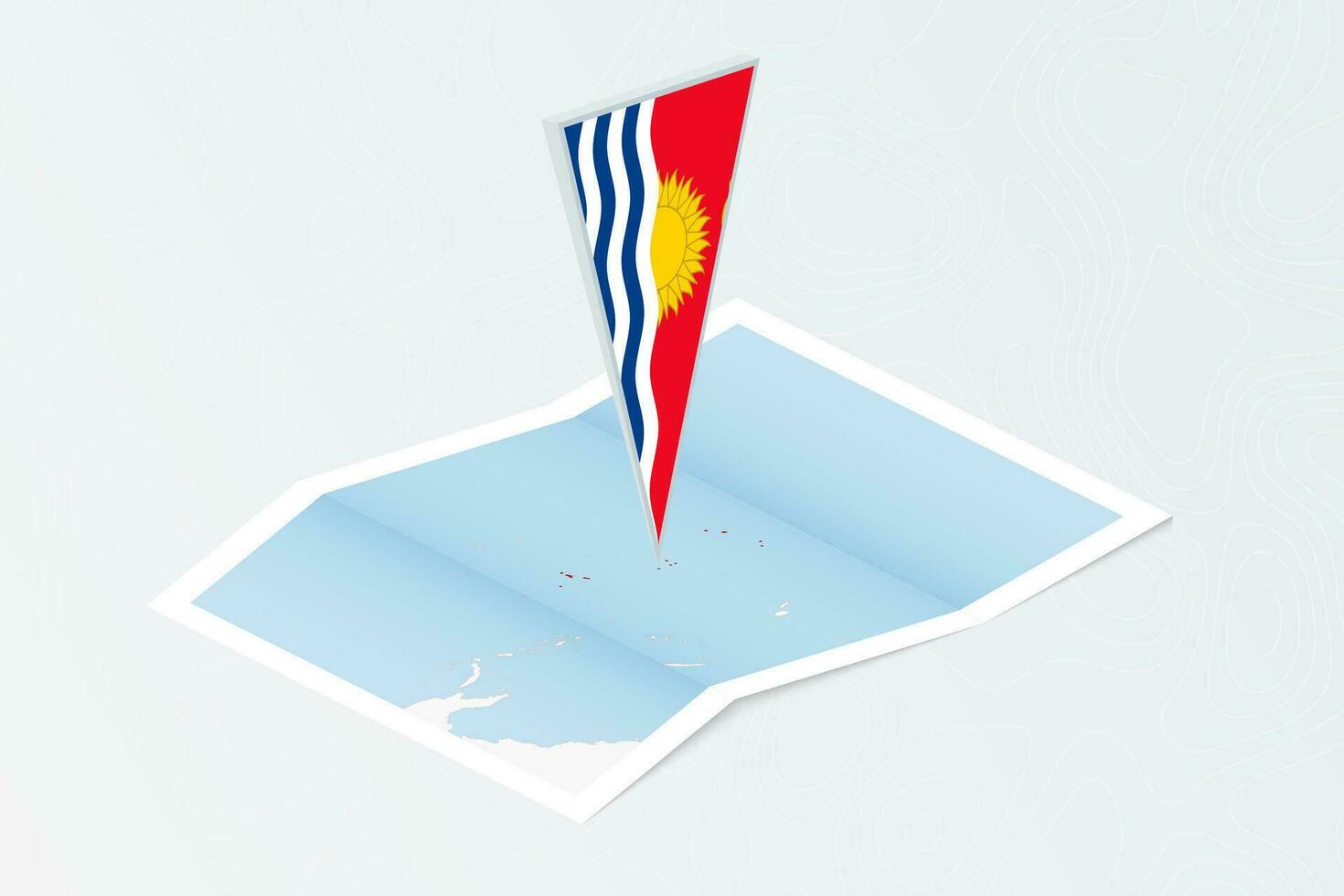 Isometric paper map of Kiribati with triangular flag of Kiribati in isometric style. Map on topographic background. vector