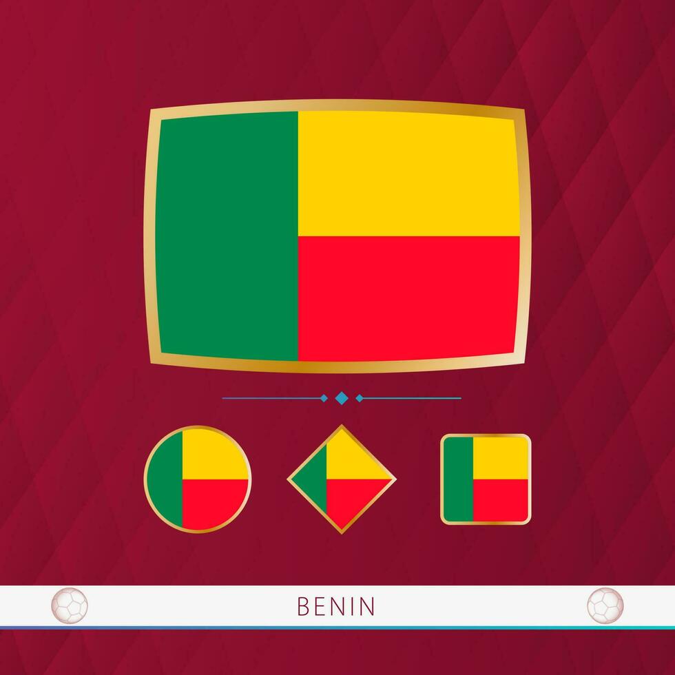 Set of Benin flags with gold frame for use at sporting events on a burgundy abstract background. vector