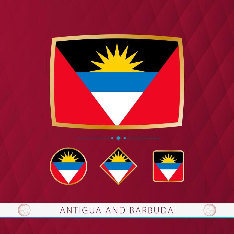 Set of Antigua and Barbuda flags with gold frame for use at sporting events on a burgundy abstract background. vector