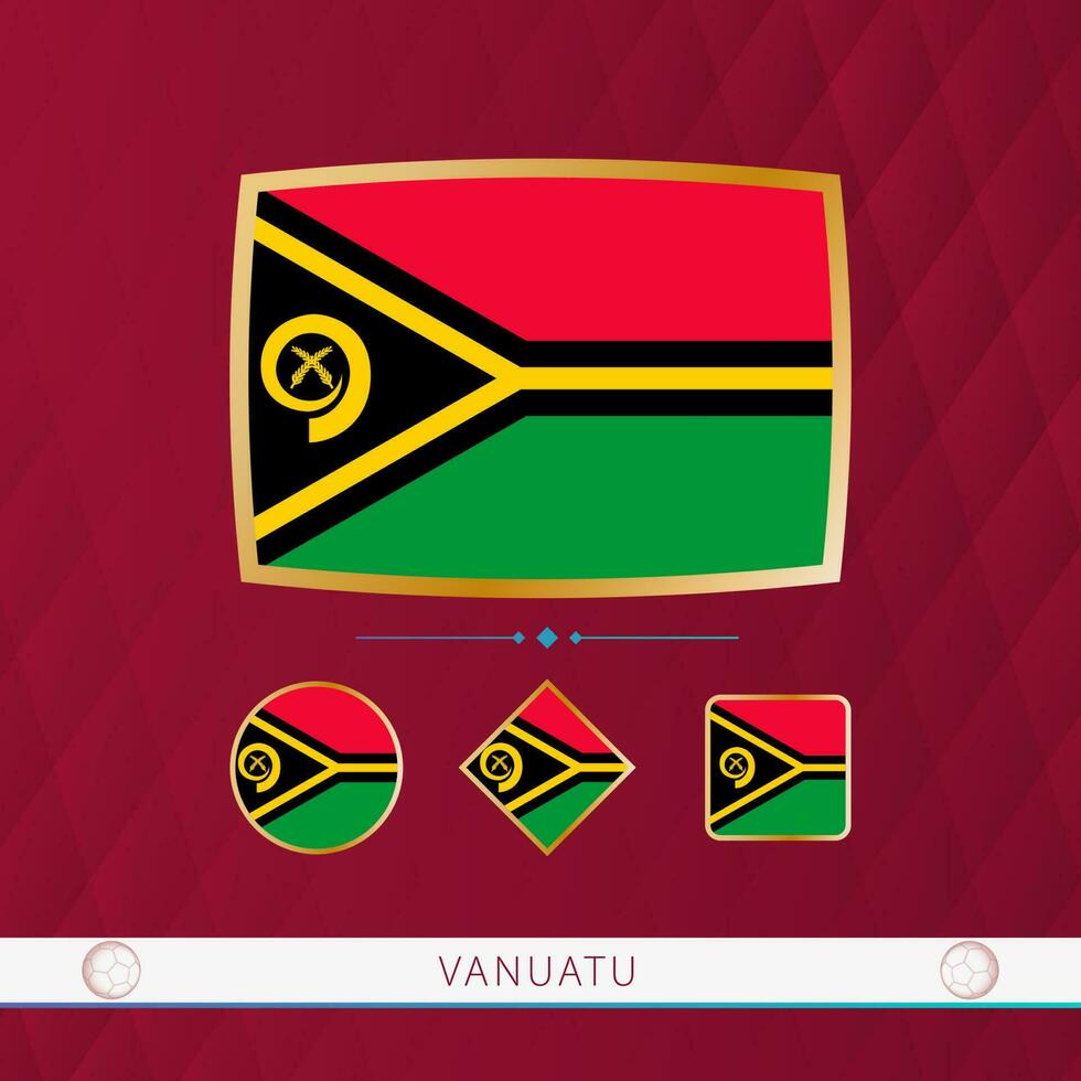 Set of Vanuatu flags with gold frame for use at sporting events on a burgundy abstract background. vector