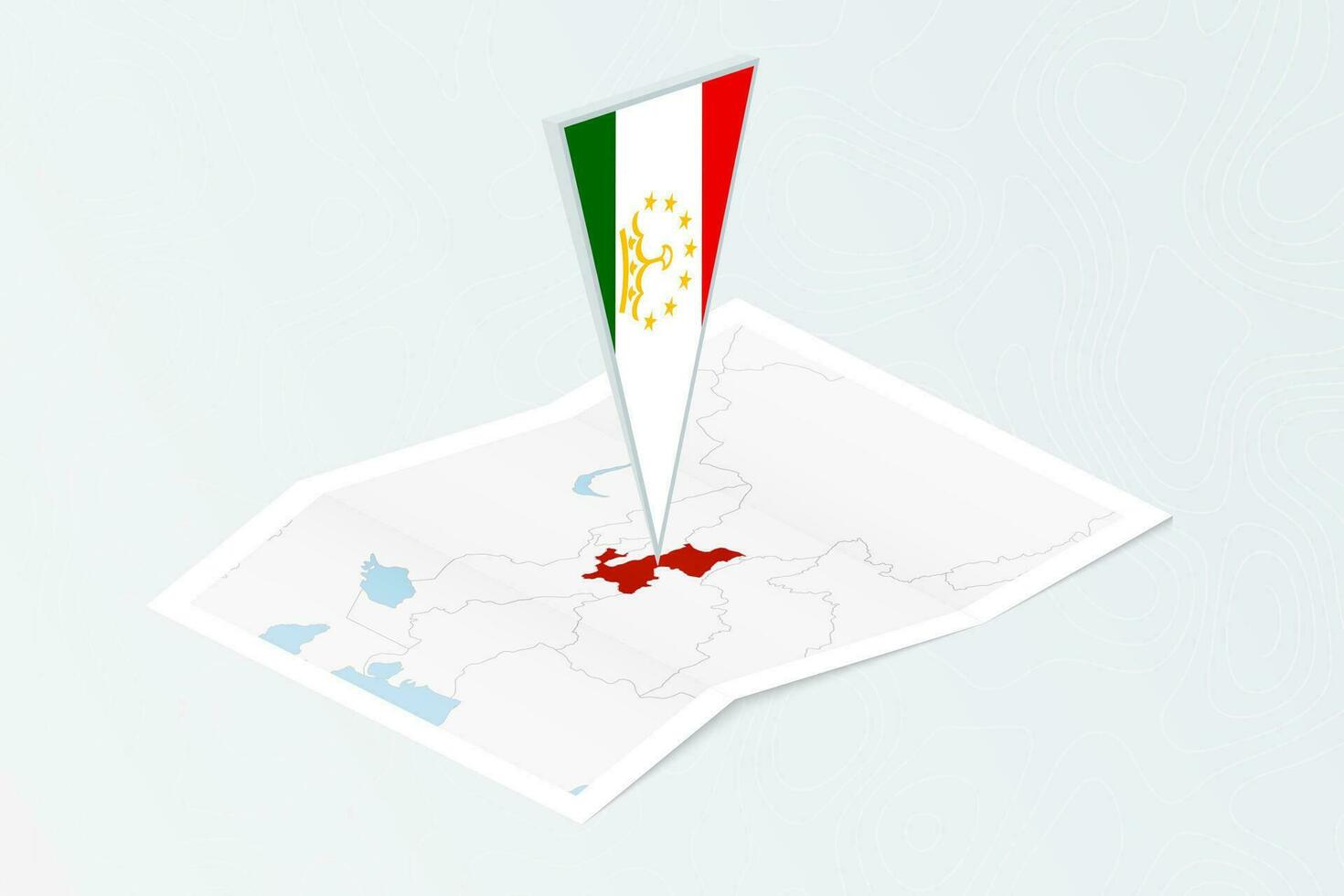 Isometric paper map of Tajikistan with triangular flag of Tajikistan in isometric style. Map on topographic background. vector