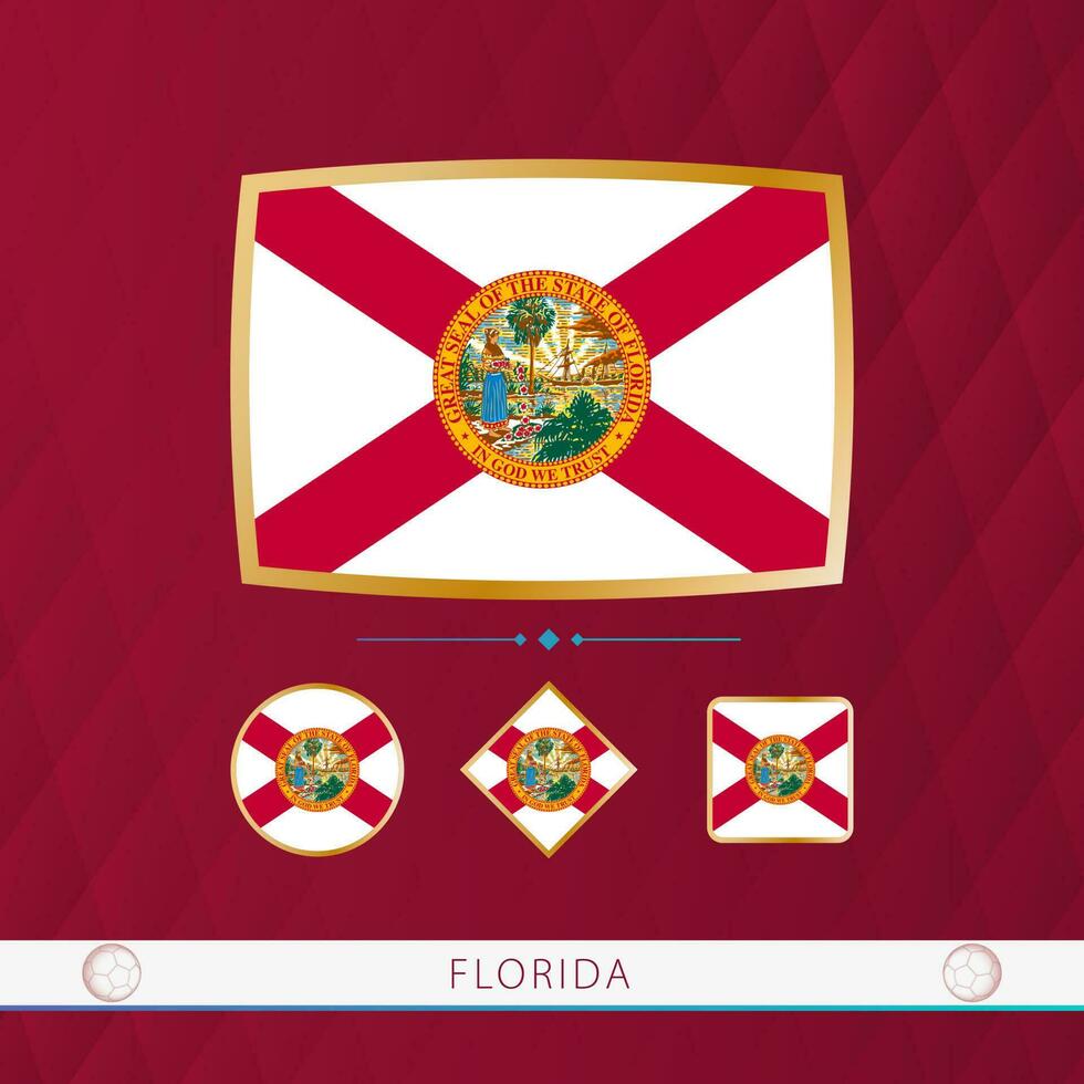 Set of Florida flags with gold frame for use at sporting events on a burgundy abstract background. vector