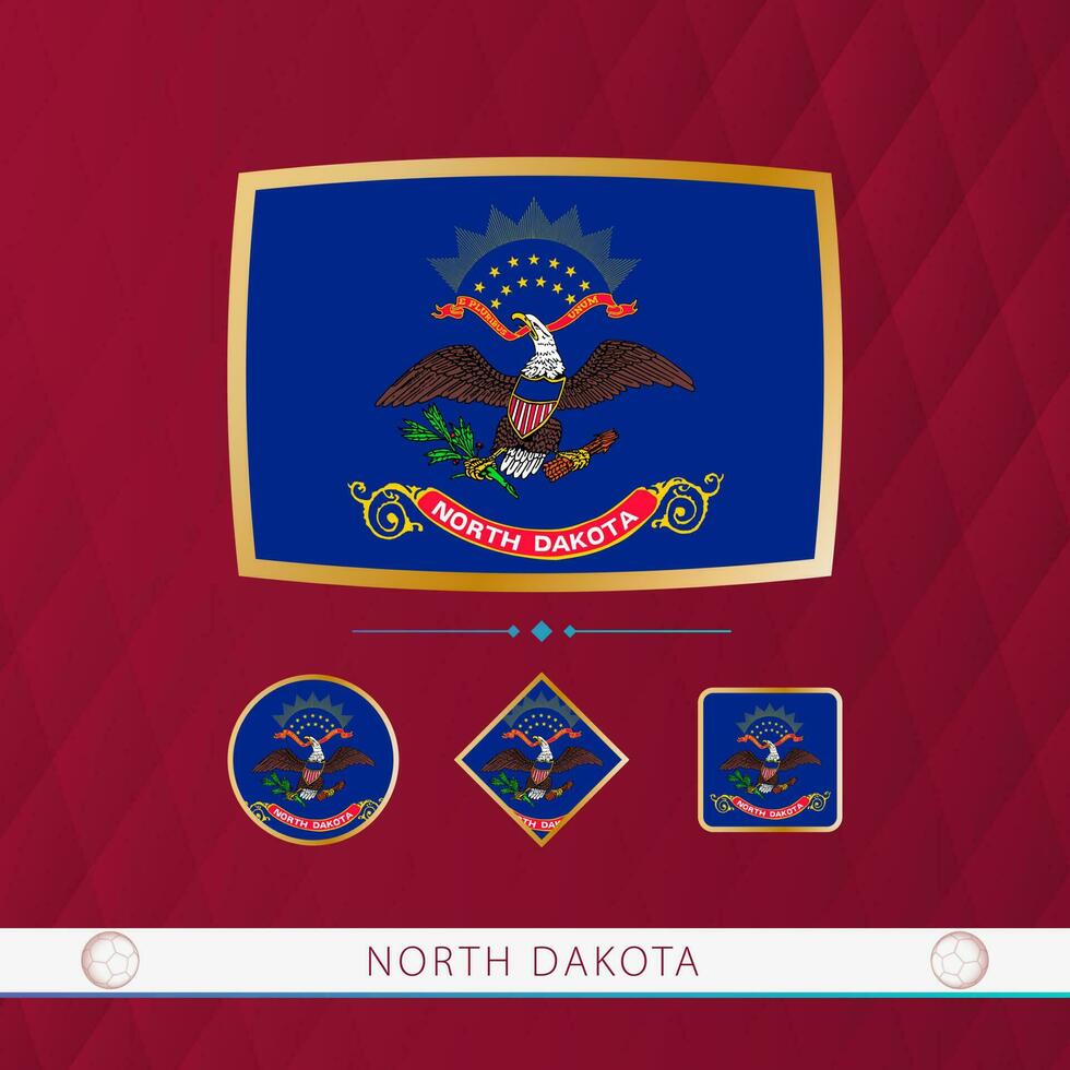 Set of North Dakota flags with gold frame for use at sporting events on a burgundy abstract background. vector
