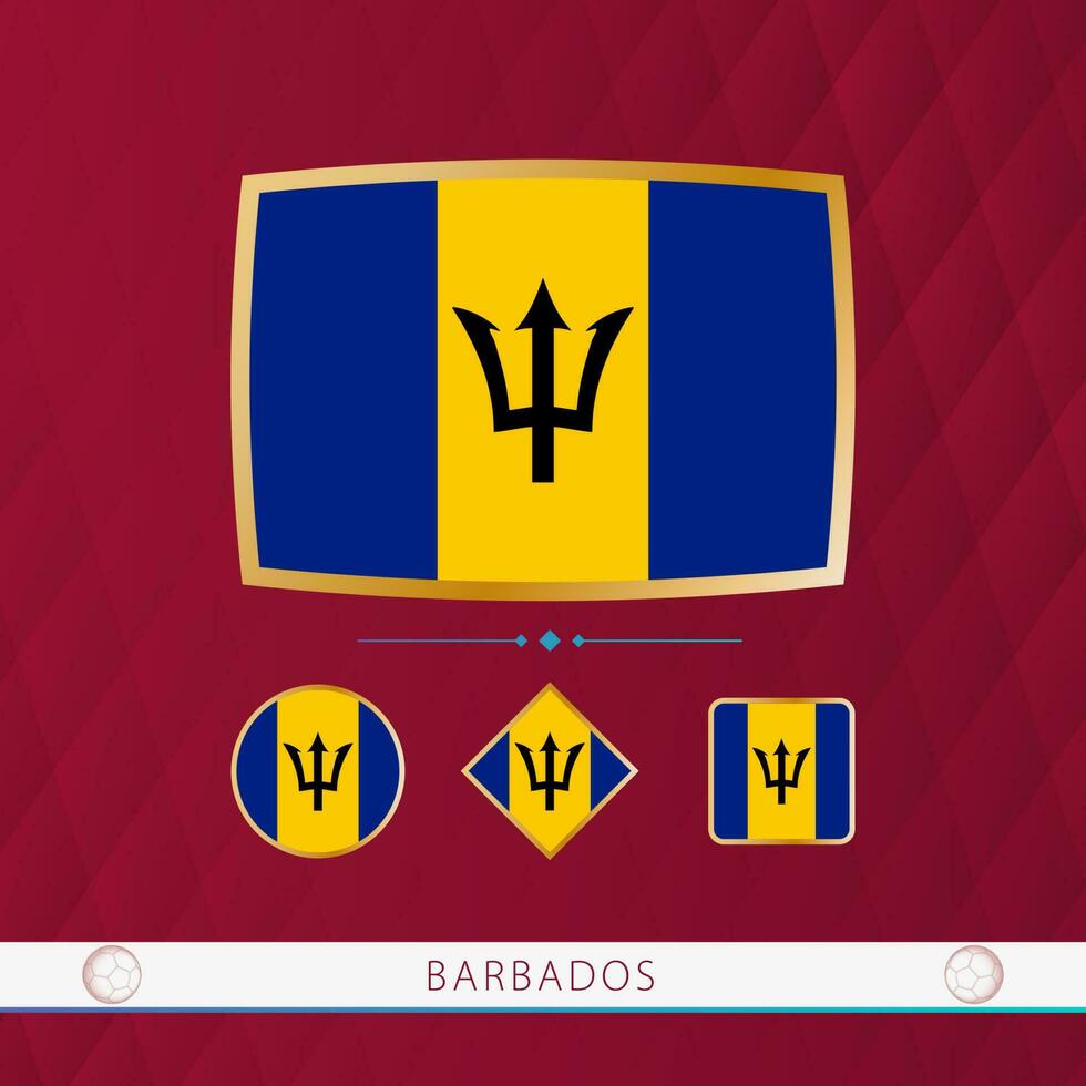 Set of Barbados flags with gold frame for use at sporting events on a burgundy abstract background. vector