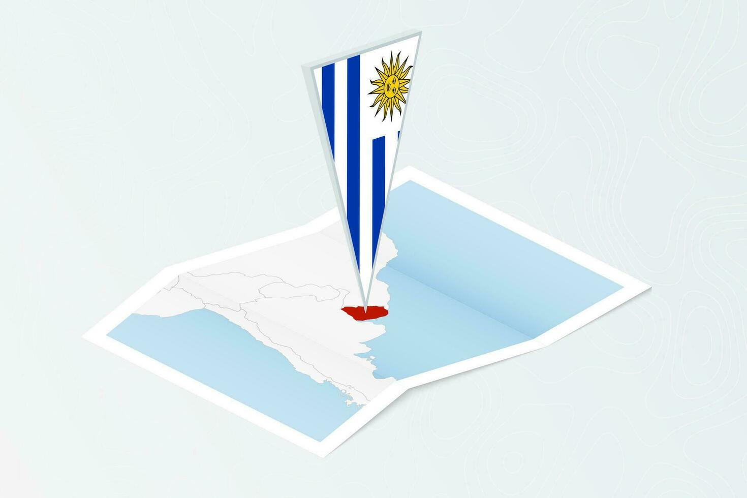 Isometric paper map of Uruguay with triangular flag of Uruguay in isometric style. Map on topographic background. vector
