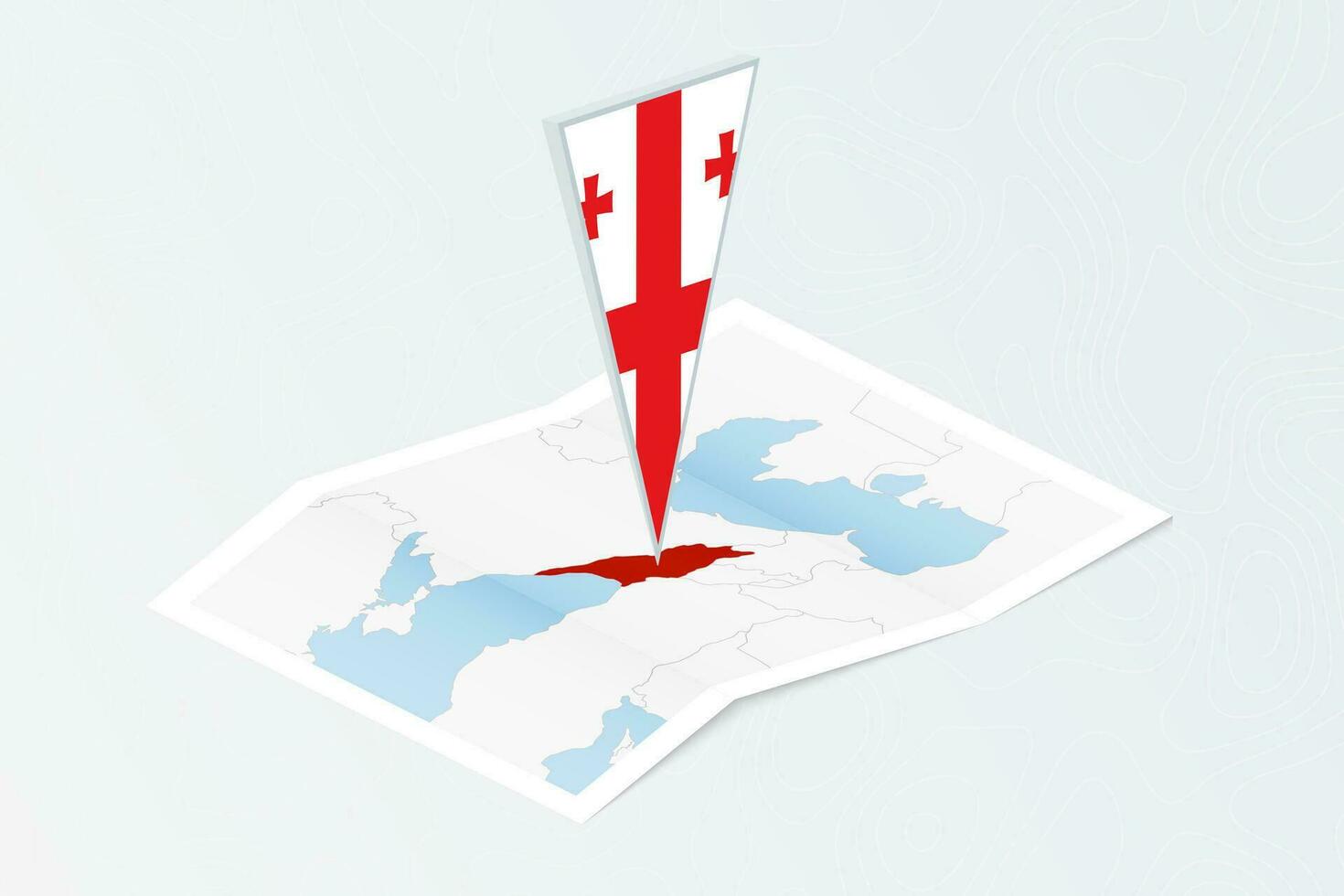 Isometric paper map of Georgia with triangular flag of Georgia in isometric style. Map on topographic background. vector