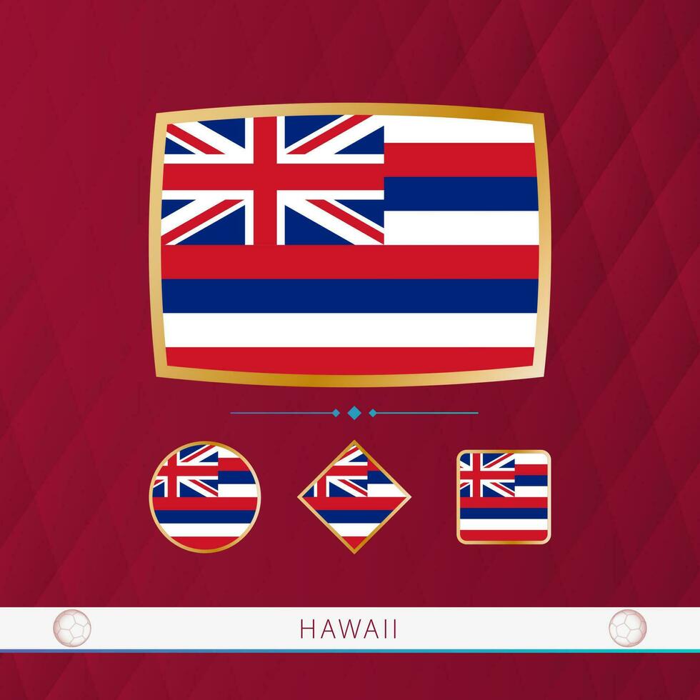 Set of Hawaii flags with gold frame for use at sporting events on a burgundy abstract background. vector