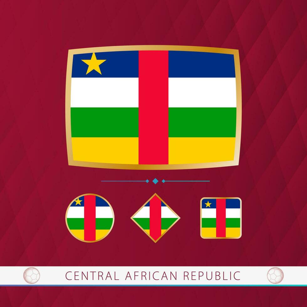 Set of Central African Republic flags with gold frame for use at sporting events on a burgundy abstract background. vector