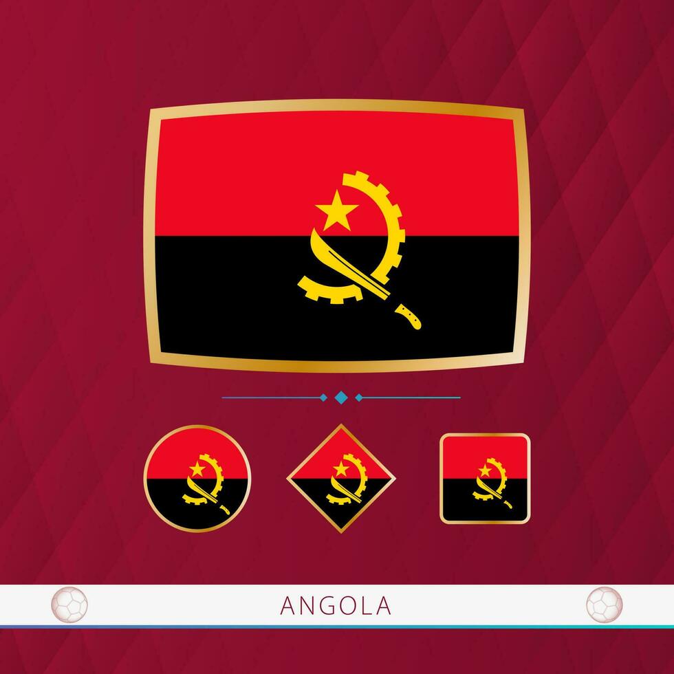 Set of Angola flags with gold frame for use at sporting events on a burgundy abstract background. vector