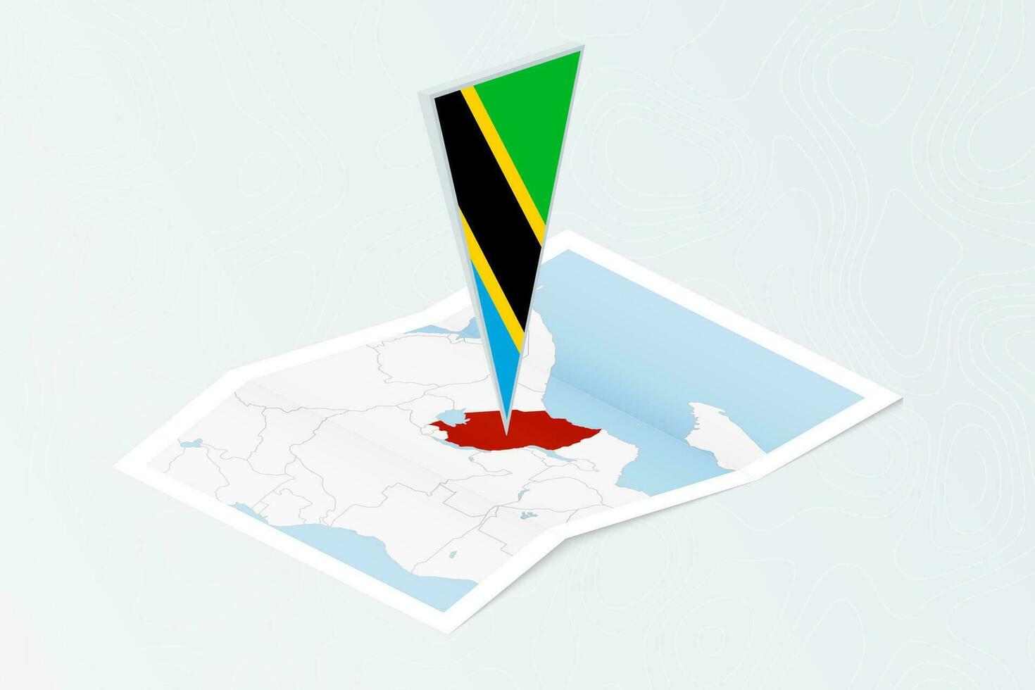 Isometric paper map of Tanzania with triangular flag of Tanzania in isometric style. Map on topographic background. vector