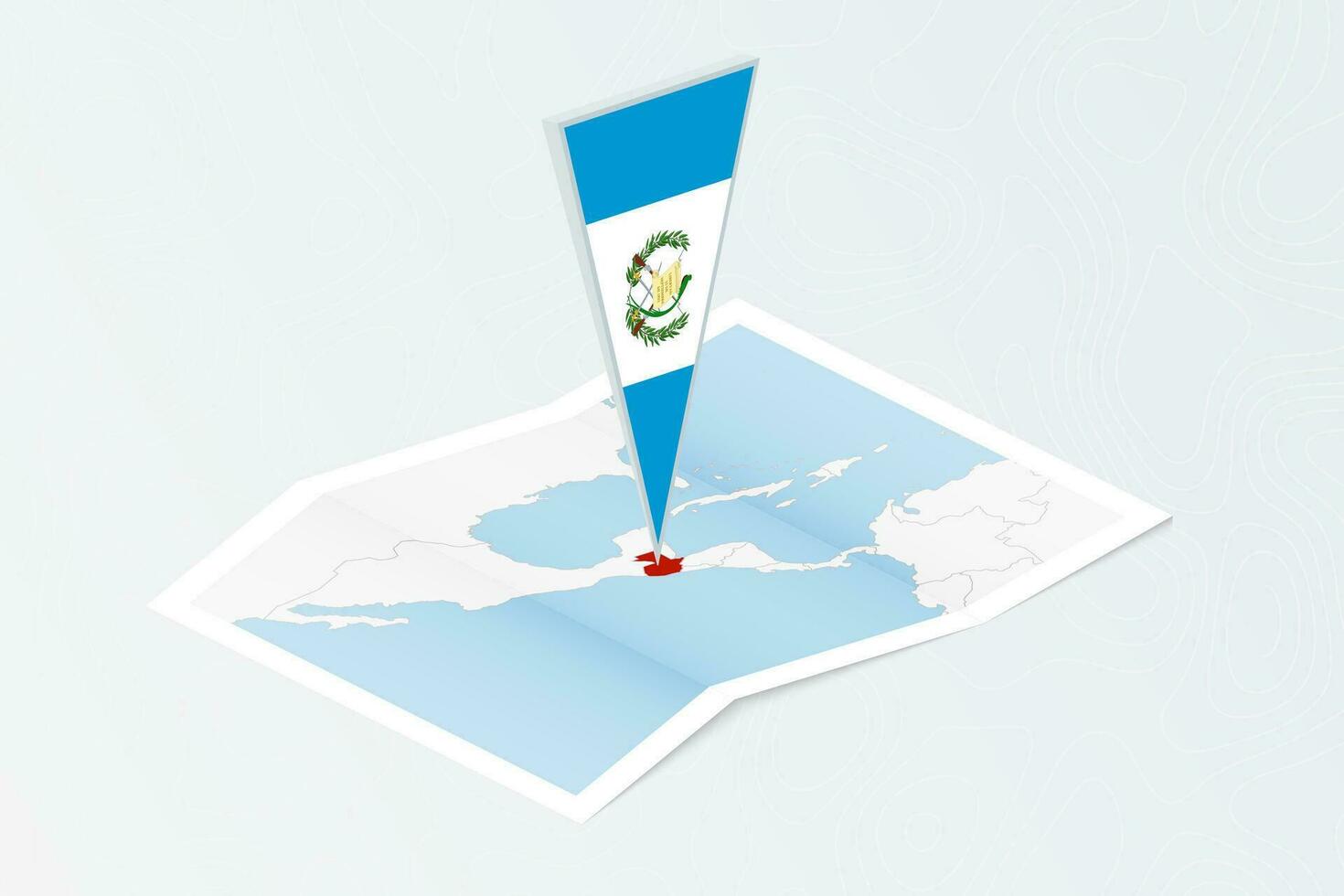 Isometric paper map of Guatemala with triangular flag of Guatemala in isometric style. Map on topographic background. vector