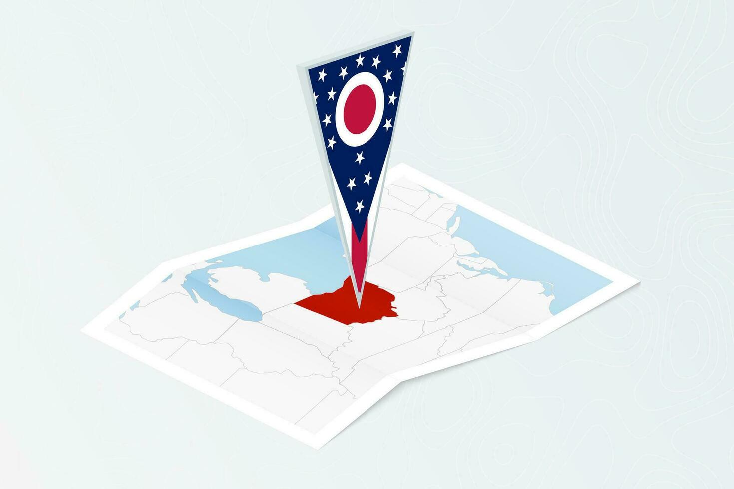 Isometric paper map of Ohio with triangular flag of Ohio in isometric style. Map on topographic background. vector