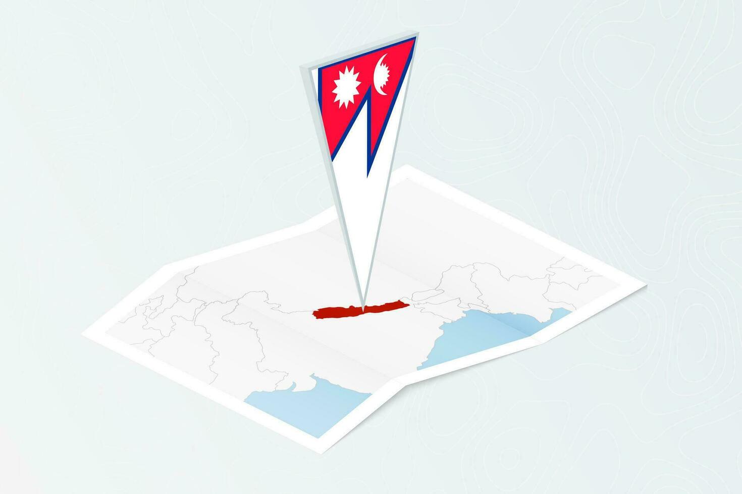 Isometric paper map of Nepal with triangular flag of Nepal in isometric style. Map on topographic background. vector