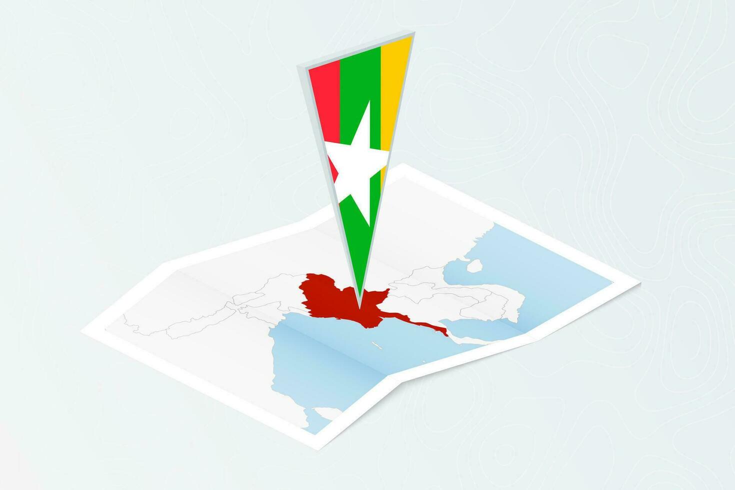Isometric paper map of Myanmar with triangular flag of Myanmar in isometric style. Map on topographic background. vector