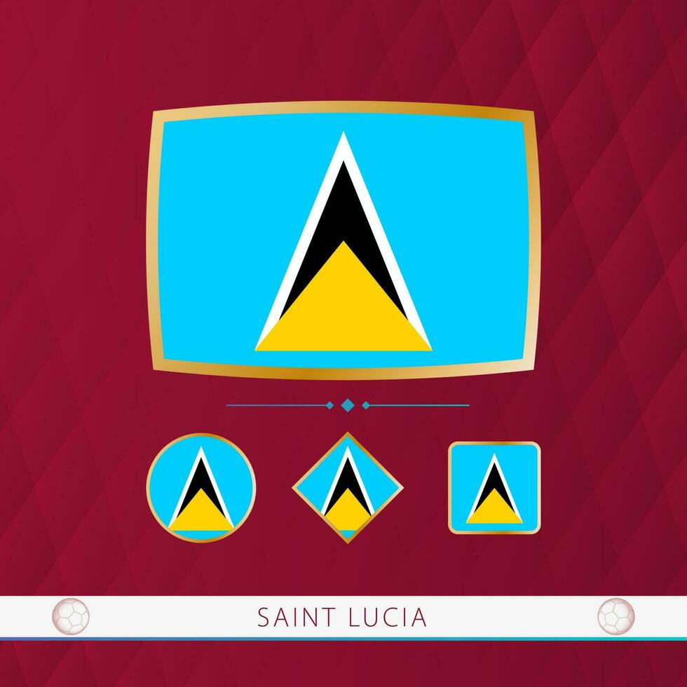 Set of Saint Lucia flags with gold frame for use at sporting events on a burgundy abstract background. vector